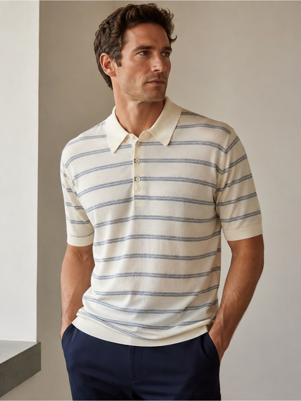 John Smedley Sea Island Cotton Striped Polo Shirt Made in England Men’s Large